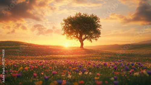 Wallpaper Mural Samotne drzewo w otoczeniu dzikich kwiatów, oświetlone miękkim światłem zachodzącego słońca.  Torontodigital.ca