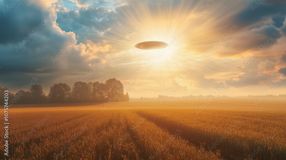 Fototapeta premium Niezidentyfikowane zjawisko na niebie zaobserwowane nad polem, gdzie na tle przestrzeni rozpościera się tajemniczy obiekt, przyciągający uwagę swoim niezwykłym kształtem.