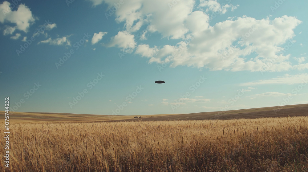 Obraz premium Niezidentyfikowane zjawisko na niebie zaobserwowane nad polem, gdzie na tle przestrzeni rozpościera się tajemniczy obiekt, przyciągający uwagę swoim niezwykłym kształtem.