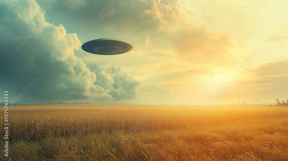 Fototapeta premium Niezidentyfikowane zjawisko na niebie zaobserwowane nad polem, gdzie na tle przestrzeni rozpościera się tajemniczy obiekt, przyciągający uwagę swoim niezwykłym kształtem.