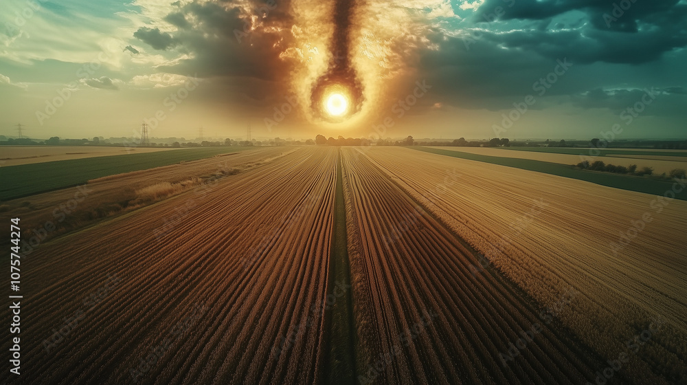 Fototapeta premium Niezidentyfikowane zjawisko na niebie zaobserwowane nad polem, gdzie na tle przestrzeni rozpościera się tajemniczy obiekt, przyciągający uwagę swoim niezwykłym kształtem.