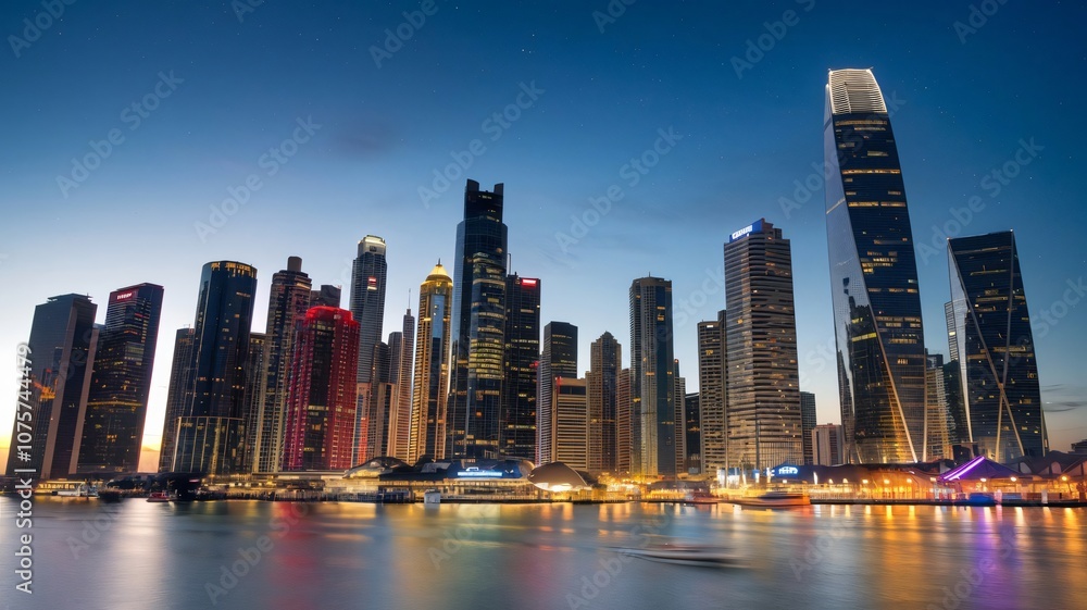 Fototapeta premium Busy cityscape at night with lights reflecting off skyscrapers