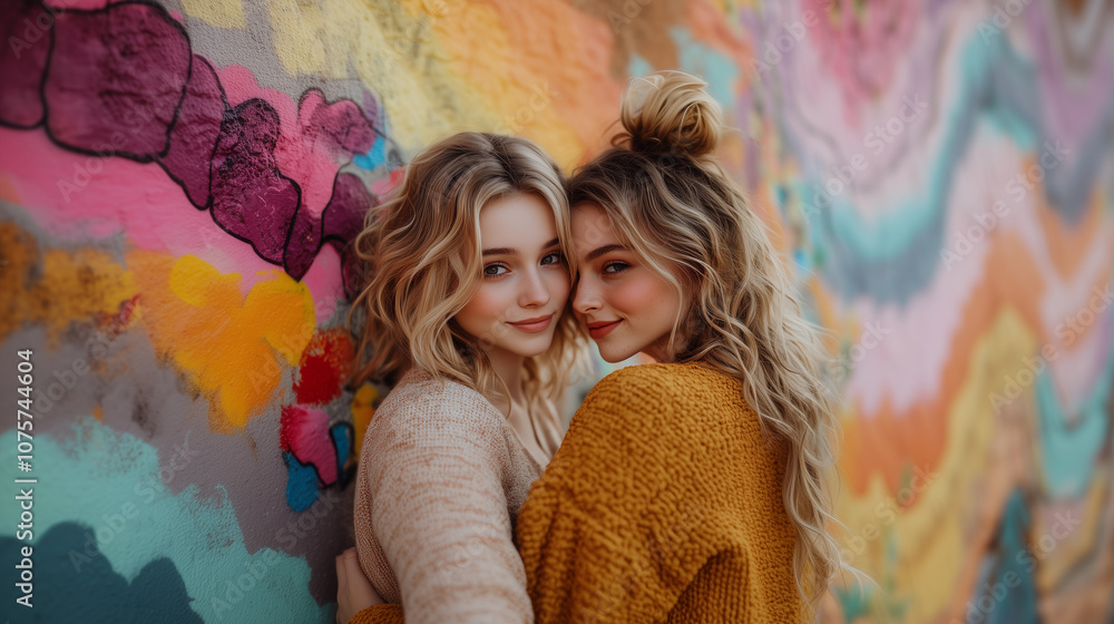 lgbt lesbian couple embracing against a graffiti wall in an urban style sharing love, affection, and intimacy with a street outdoor lifestyle