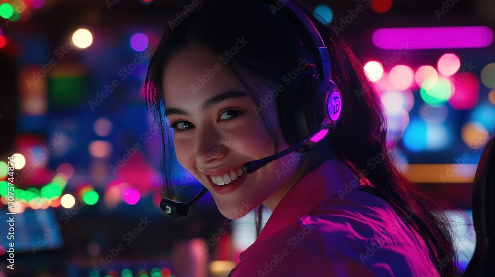 A smiling woman with a headset in a colorful, vibrant gaming environment. A smiling woman with a headset in a colorful, vibrant gaming environment.