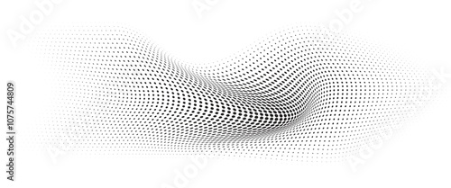 Flowing Wave Dot Halftone Pattern: Curve Gradient Shape on Transparent Background. Suitable for AI, Tech, Network, Digital, Science, and Technology Themes.
