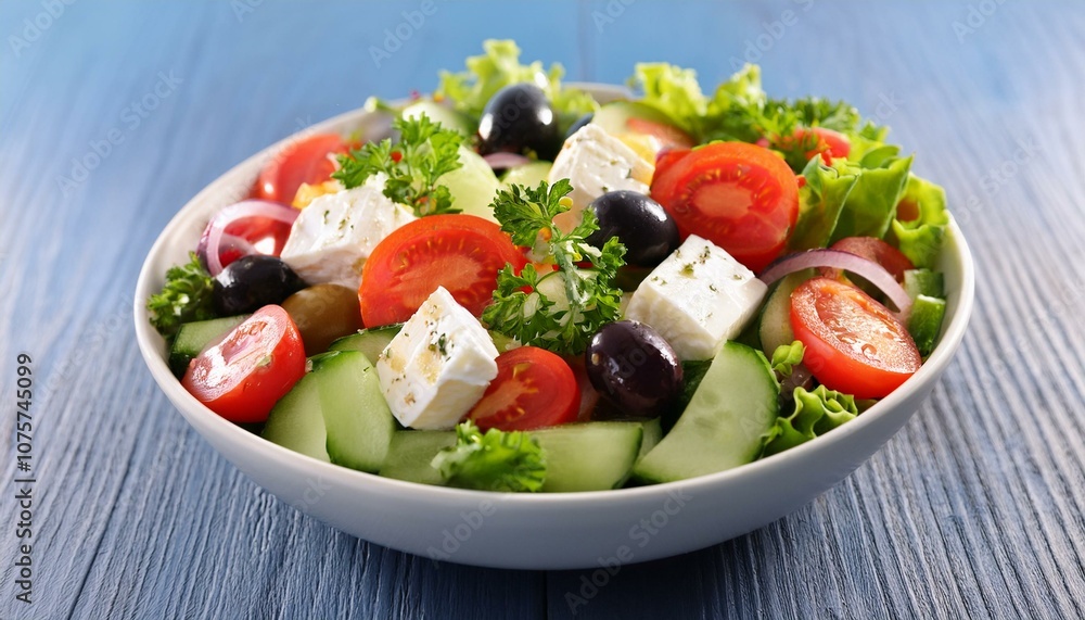 Bowl with Greek salad with fresh vegetables and feta cheese Bowl with Greek salad with fresh vegetables and feta cheese