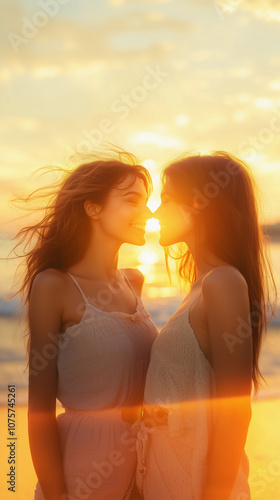 Obraz na płótnie LGBT lesbian women couple at sunset on the beach by the sea sharing love and affection with a sustainable and environmentally friendly lifestyle w salonie