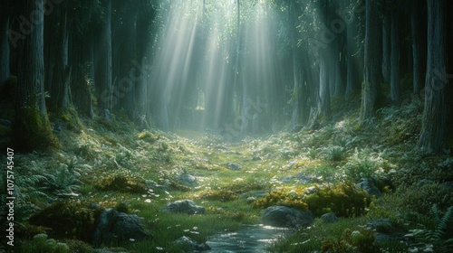 Sunbeams illuminate a mystical forest path, dappled light shining through dense trees and ferns.