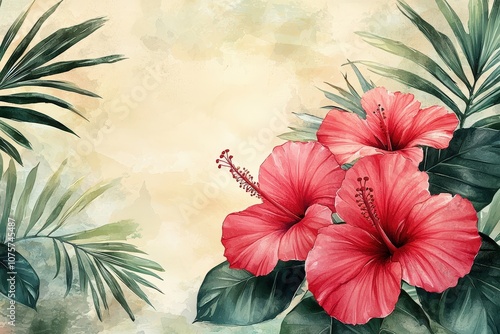 Wallpaper Mural Bright and exotic watercolor-style border featuring vibrant hibiscus flowers and lush palm leaves, perfect for tropical and summer-themed designs.. Torontodigital.ca
