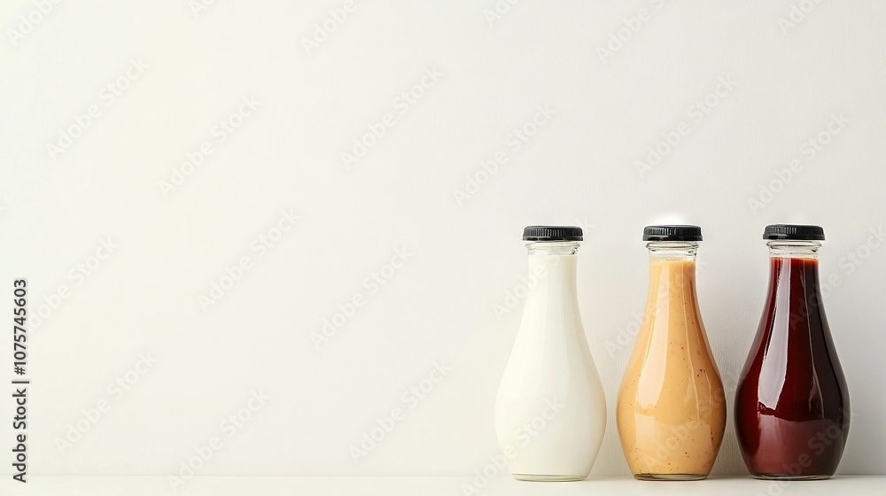 Three bottles of juice sit together against a white backdrop Three bottles of juice sit together against a white backdrop