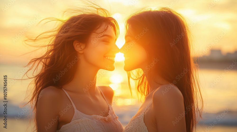 LGBT lesbian women couple at sunset on the beach by the sea sharing love and affection with a sustainable and environmentally friendly lifestyle