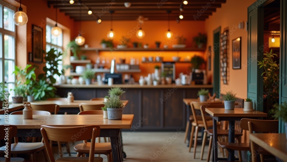 Cozy cafe interior with wooden tables, plants, warm lighting, bar counter, and no people. Inviting atmosphere for relaxation. Generative, AI. Cozy cafe interior with wooden tables, plants, warm lighting, bar counter, and no people. Inviting atmosphere for relaxation. Generative, AI.