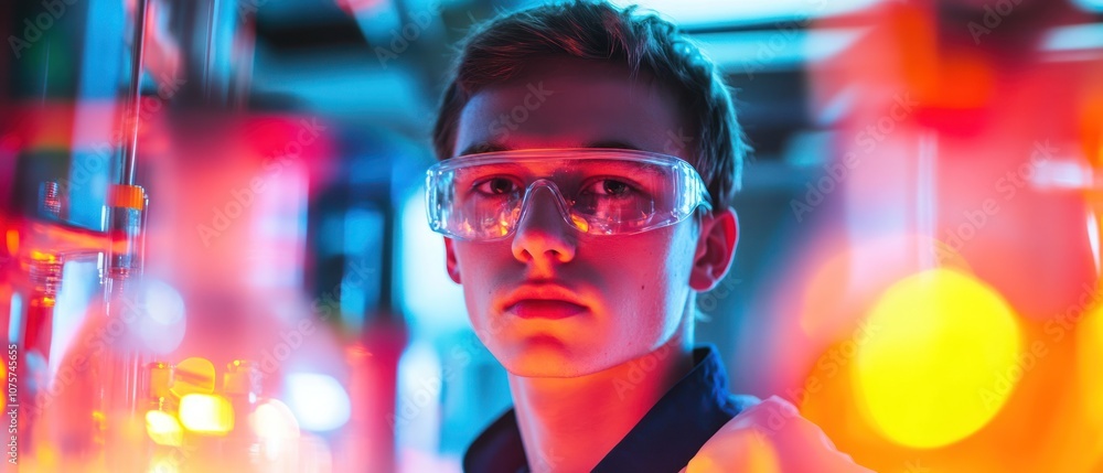A young scientist in a laboratory, focused and wearing protective eyewear among colorful equipment. A young scientist in a laboratory, focused and wearing protective eyewear among colorful equipment.