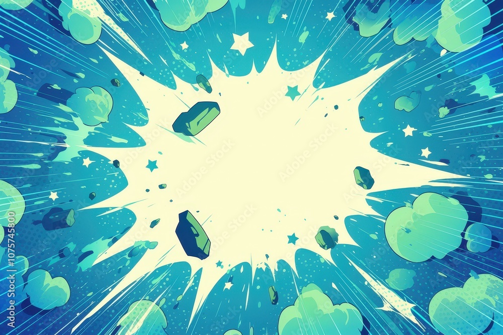 Dynamic comic book-style background in vibrant blue and green, featuring speech bubbles, cartoon-style explosions, and a halftone effect for a lively, action-packed look..