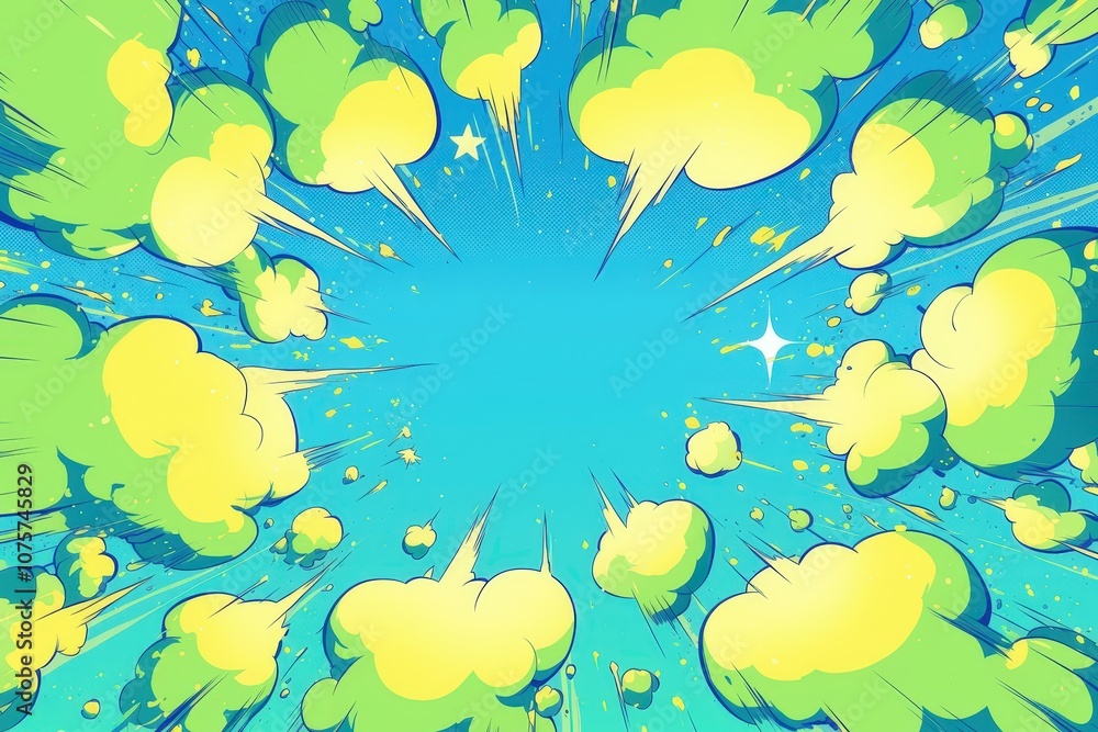 Dynamic comic book-style background in vibrant blue and green, featuring speech bubbles, cartoon-style explosions, and a halftone effect for a lively, action-packed look..