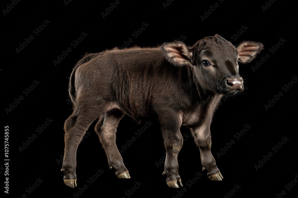 Naklejka premium the beside view baby African Buffalo standing, left side view, low angle, white copy space on right, Isolated on black Background