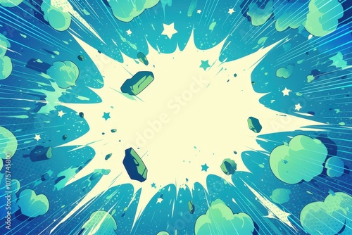 Obraz na płótnie Dynamic comic book-style background in vibrant blue and green, featuring speech bubbles, cartoon-style explosions, and a halftone effect for a lively, action-packed look.. w salonie