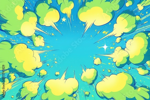 Obraz na płótnie Dynamic comic book-style background in vibrant blue and green, featuring speech bubbles, cartoon-style explosions, and a halftone effect for a lively, action-packed look.. w salonie