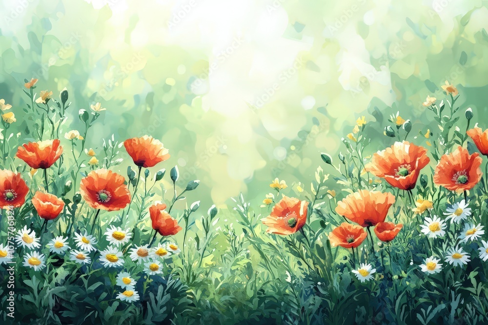 Obraz premium Cheerful and colorful watercolor-style border featuring vibrant wildflowers like poppies and daisies with lush green foliage, perfect for lively, nature-inspired designs..