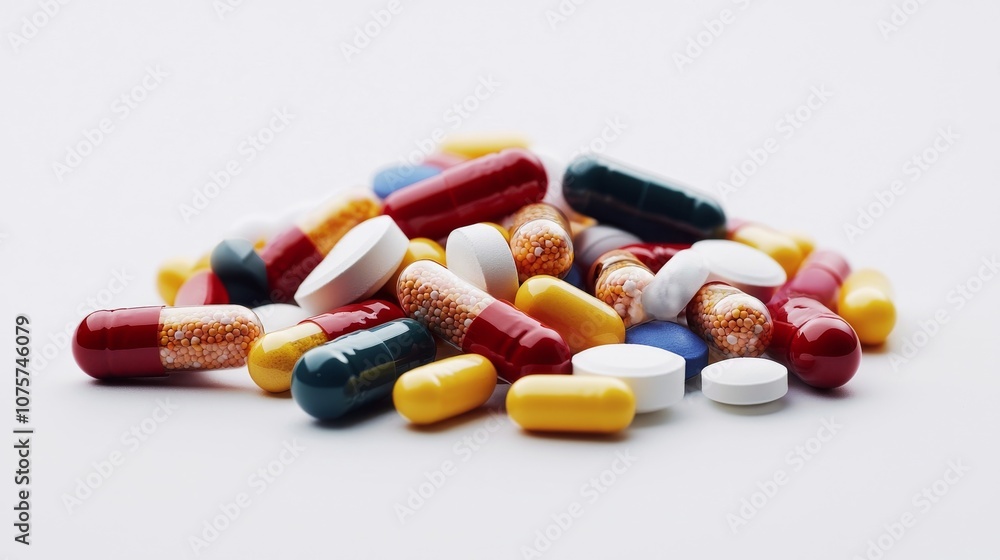 A colorful array of pills and capsules displayed on a clean white background for clarity A colorful array of pills and capsules displayed on a clean white background for clarity