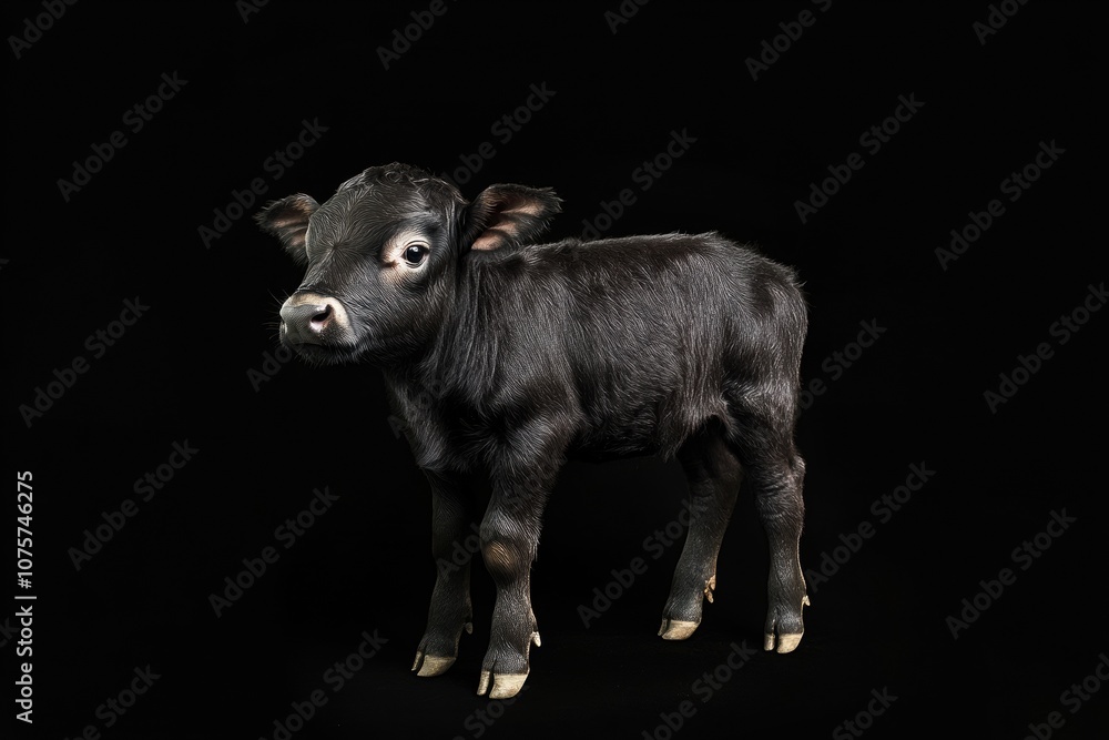 the beside view baby Domestic Water Buffalo standing, left side view, low angle, white copy space on right, Isolated on black Background the beside view baby Domestic Water Buffalo standing, left side view, low angle, white copy space on right, Isolated on black Background