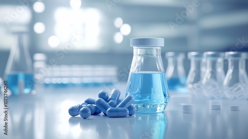 A stateoftheart Pharmaceutical Laboratory showcasing an array of Blue Capsules and Liquid Vials