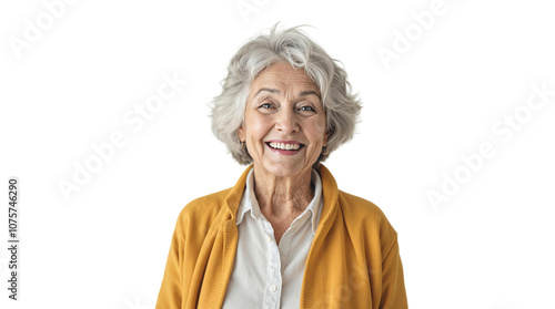 middle aged woman smiling isolated on white background photo