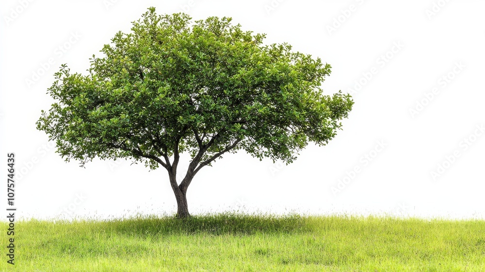 A Lush Green Tree Stands Proudly on a Grassy Field Against a Bright White Background A Lush Green Tree Stands Proudly on a Grassy Field Against a Bright White Background