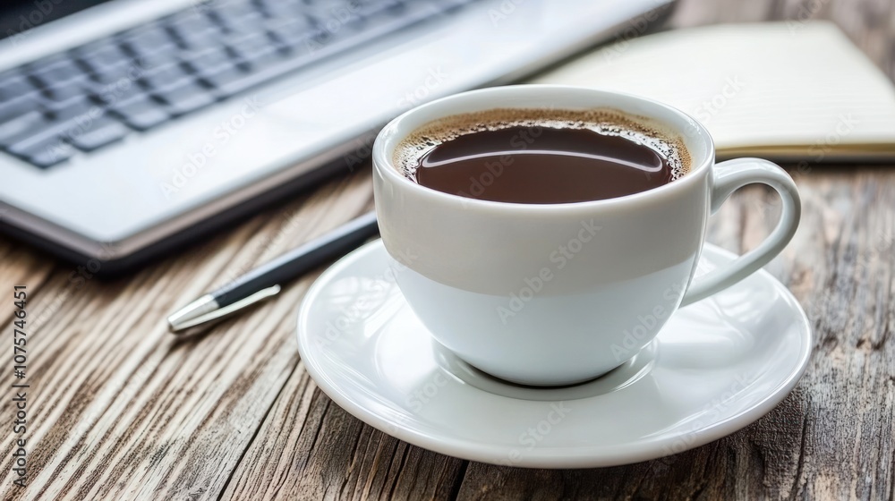 A cup of coffee on a wooden table next to a laptop and a notepad, suggesting a work setting. A cup of coffee on a wooden table next to a laptop and a notepad, suggesting a work setting.