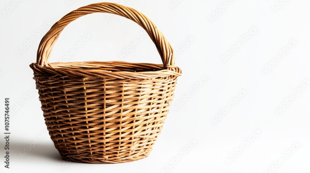 This is a beautifully handwoven wicker basket set against a clean white background This is a beautifully handwoven wicker basket set against a clean white background