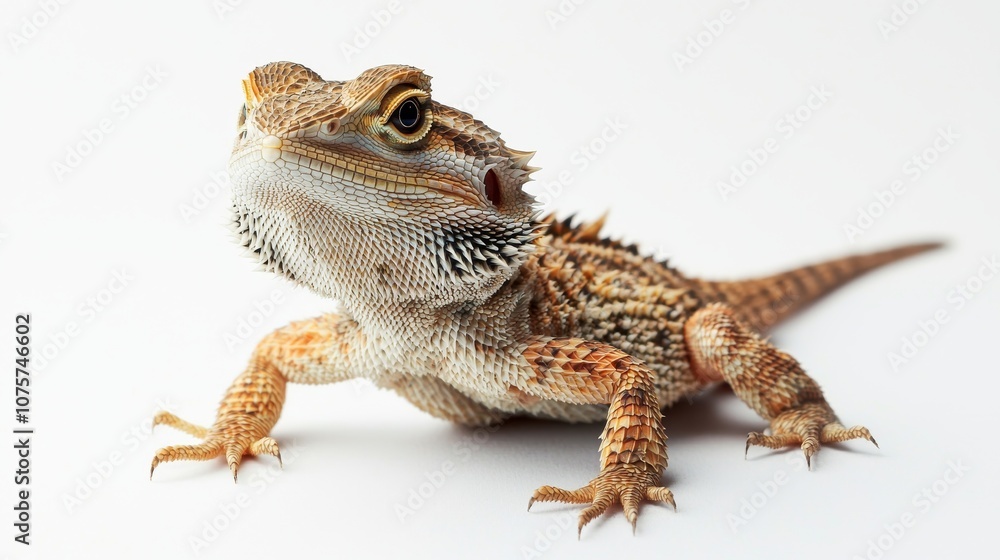 Naklejka premium A Bearded Dragon Lizard is presented on a striking white background for visual appeal