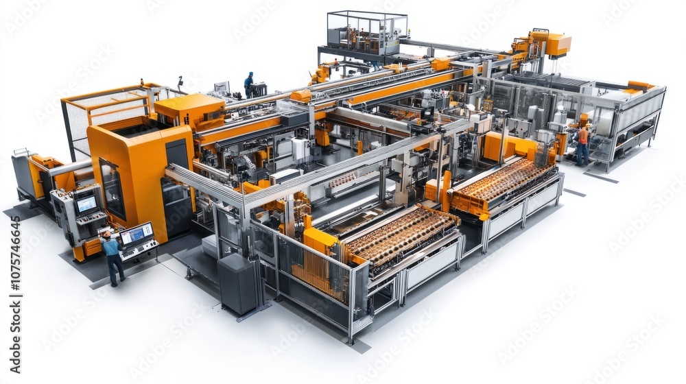 Factory floor with machines processing raw materials, assembly lines, and workers, isolated on white Factory floor with machines processing raw materials, assembly lines, and workers, isolated on white
