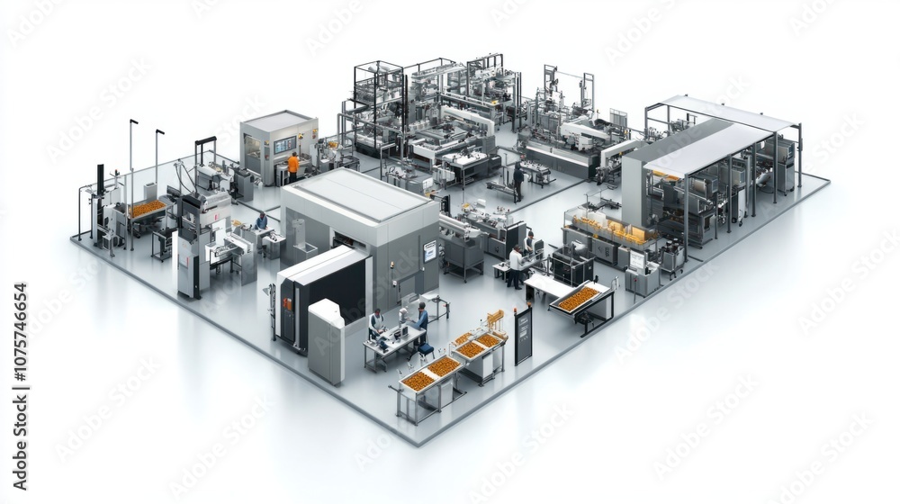 Factory floor with machines processing raw materials, assembly lines, and workers, isolated on white Factory floor with machines processing raw materials, assembly lines, and workers, isolated on white