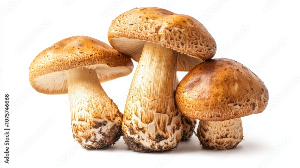 Fresh edible mushrooms arranged elegantly on a white background, showcasing vibrant colors Fresh edible mushrooms arranged elegantly on a white background, showcasing vibrant colors