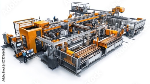 Factory floor with machines processing raw materials, assembly lines, and workers, isolated on white