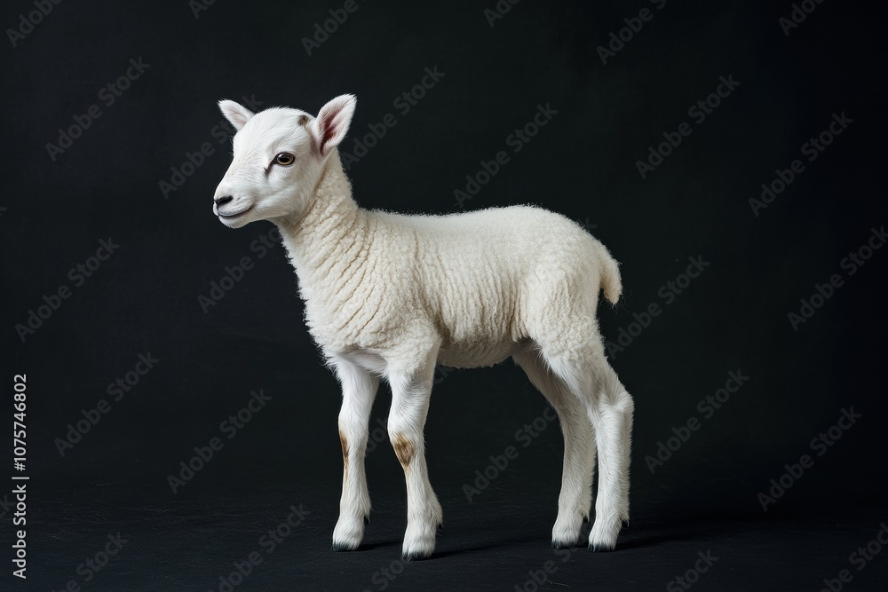 Obraz premium the beside view baby Dall Sheep standing, left side view, low angle, white copy space on right, Isolated on black Background