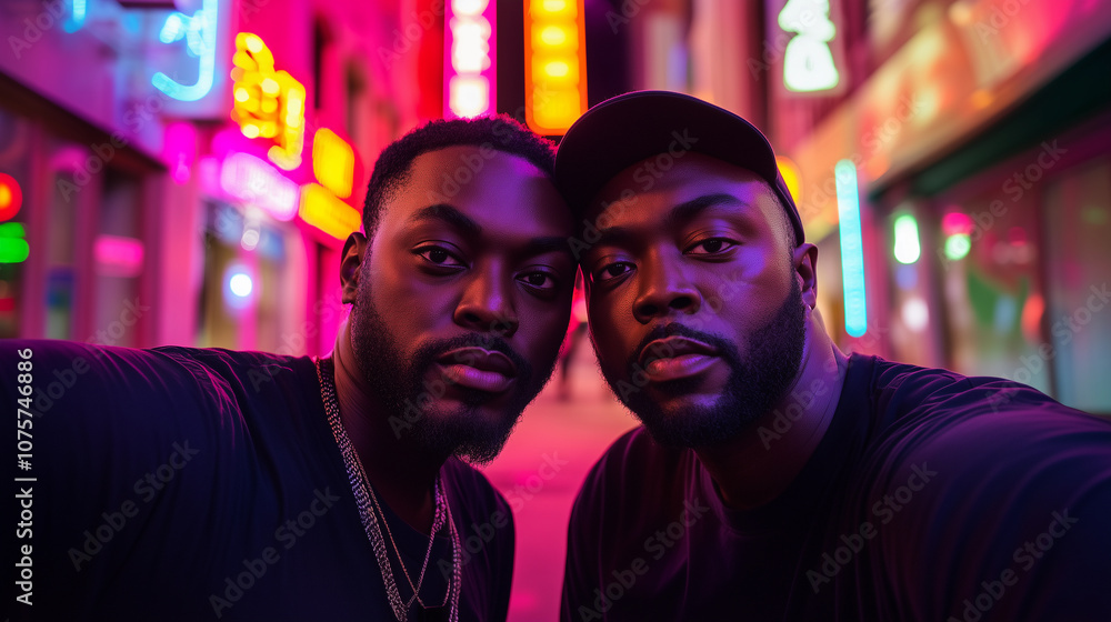 selfie portrait of an african american gay couple in love with attitude on a street at night with colorful neon lights sharing their love