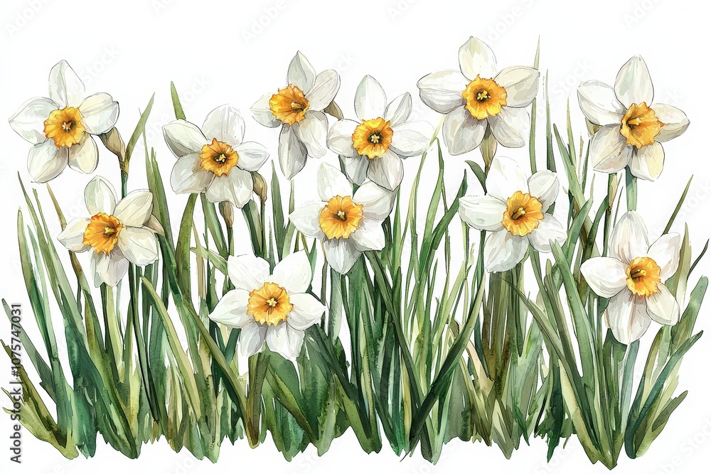 Fototapeta premium Delicate watercolor illustration of narcissus flowers with white and yellow petals surrounded by green grass, perfect for spring-themed designs on a transparent background..