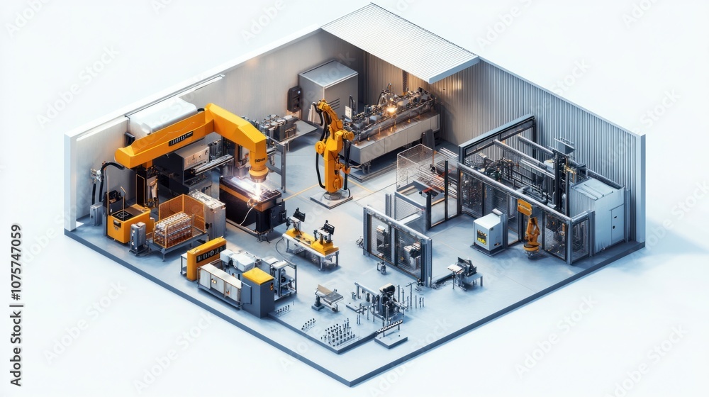 Factory interior with welding equipment, industrial robots, and metal parts on the production line, isolated on white Factory interior with welding equipment, industrial robots, and metal parts on the production line, isolated on white
