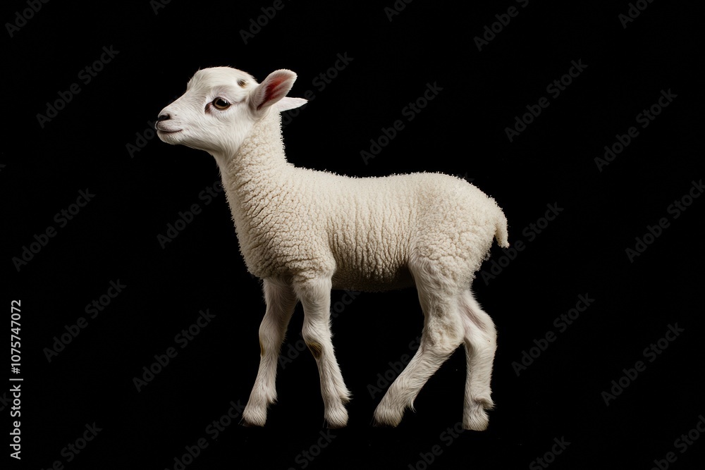 Obraz premium the beside view baby Dall Sheep standing, left side view, low angle, white copy space on right, Isolated on black Background