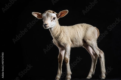 the beside view baby Argali Sheep standing, left side view, low angle, white copy space on right, Isolated on black Background