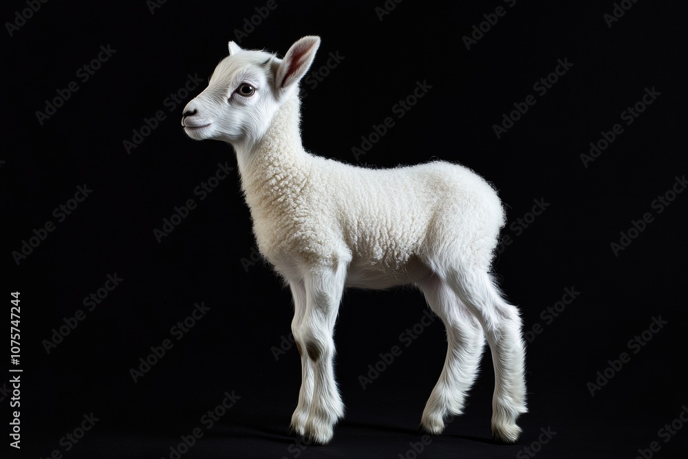 the beside view baby Dall Sheep standing, left side view, low angle, white copy space on right, Isolated on black Background the beside view baby Dall Sheep standing, left side view, low angle, white copy space on right, Isolated on black Background