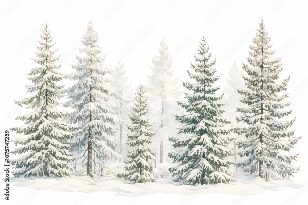 Obraz premium Watercolor illustration of pine trees in varying sizes covered in snow, creating a cold and frosty winter atmosphere, ideal for seasonal designs on a transparent background..