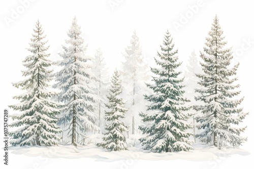 Watercolor illustration of pine trees in varying sizes covered in snow, creating a cold and frosty winter atmosphere, ideal for seasonal designs on a transparent background..