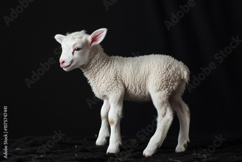 the beside view baby Domestic Sheep standing, left side view, low angle, white copy space on right, Isolated on black Background photo