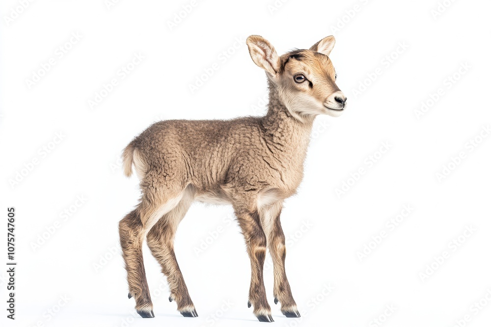 the beside view baby Bighorn Sheep standing, left side view, low angle, white copy space on right, Isolated on White Background the beside view baby Bighorn Sheep standing, left side view, low angle, white copy space on right, Isolated on White Background