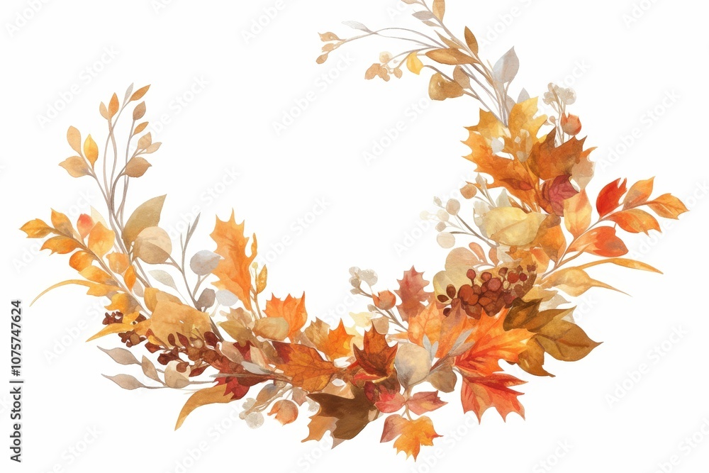 Fototapeta premium Rustic and natural watercolor-style wreath featuring autumn leaves in shades of orange, yellow, and red, perfect for fall-themed designs on a transparent background..