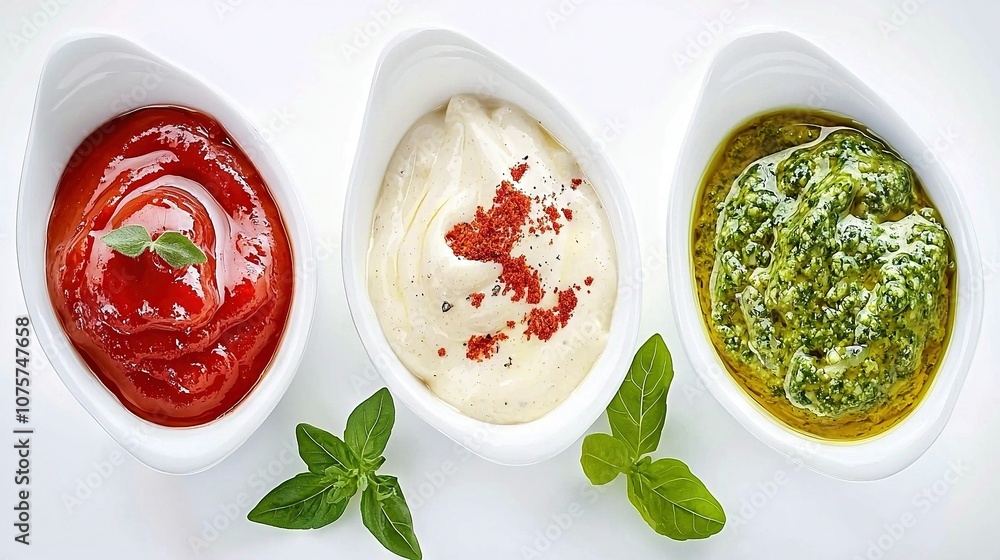 Three white bowls containing diverse dip and sauce varieties, garnished with basil Three white bowls containing diverse dip and sauce varieties, garnished with basil