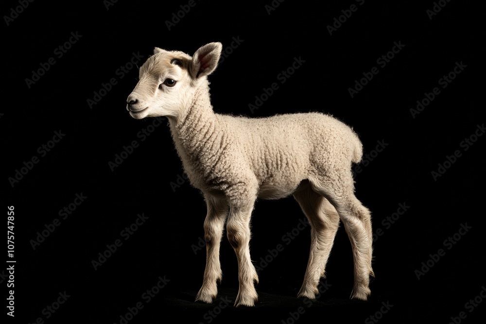 Fototapeta premium the beside view baby Bighorn Sheep standing, left side view, low angle, white copy space on right, Isolated on black Background
