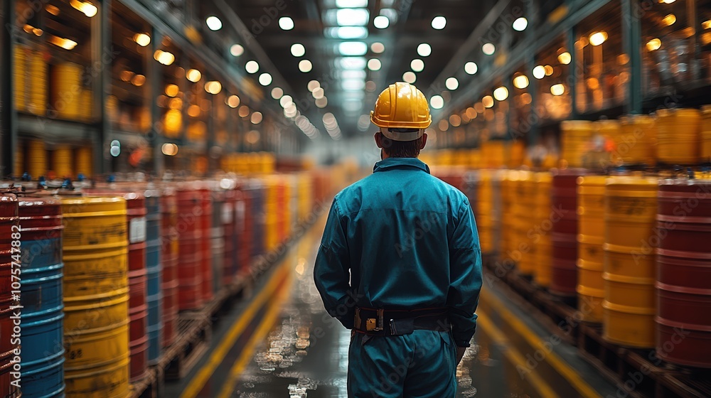 Warehouse worker checking barrels in storage facility Warehouse worker checking barrels in storage facility
